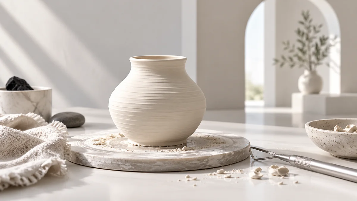 An ivory vessel beside a silver shaping tool