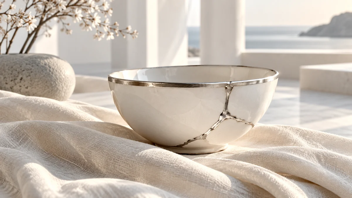 A repaired pearl-white bowl resting on ivory linen