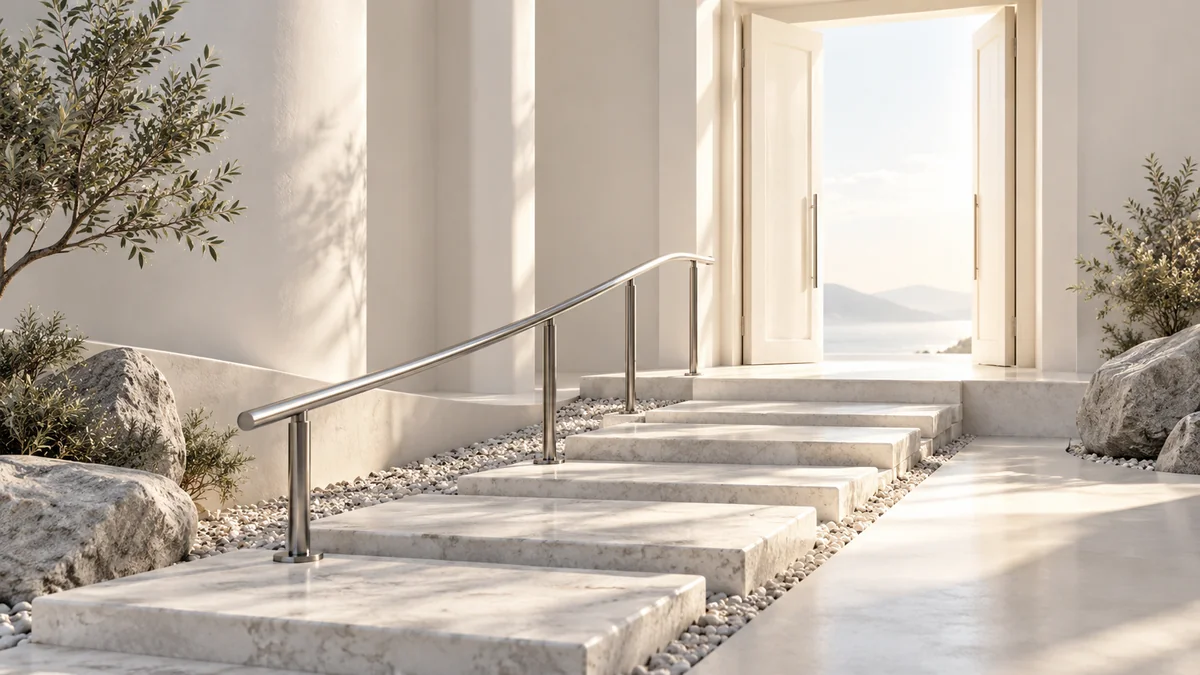 A white path with a silver handrail leading to an open doorway
