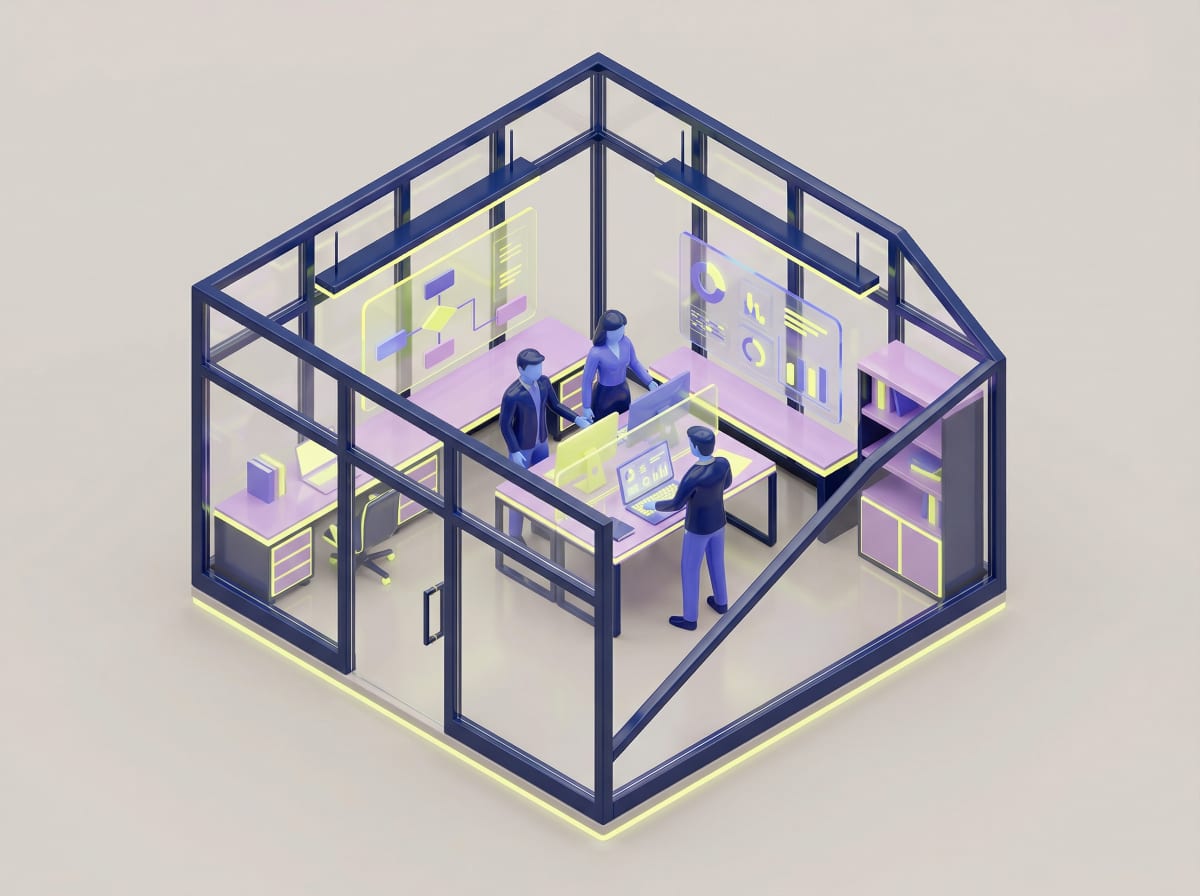 AI-powered insurance agency office with team collaboration and data screens