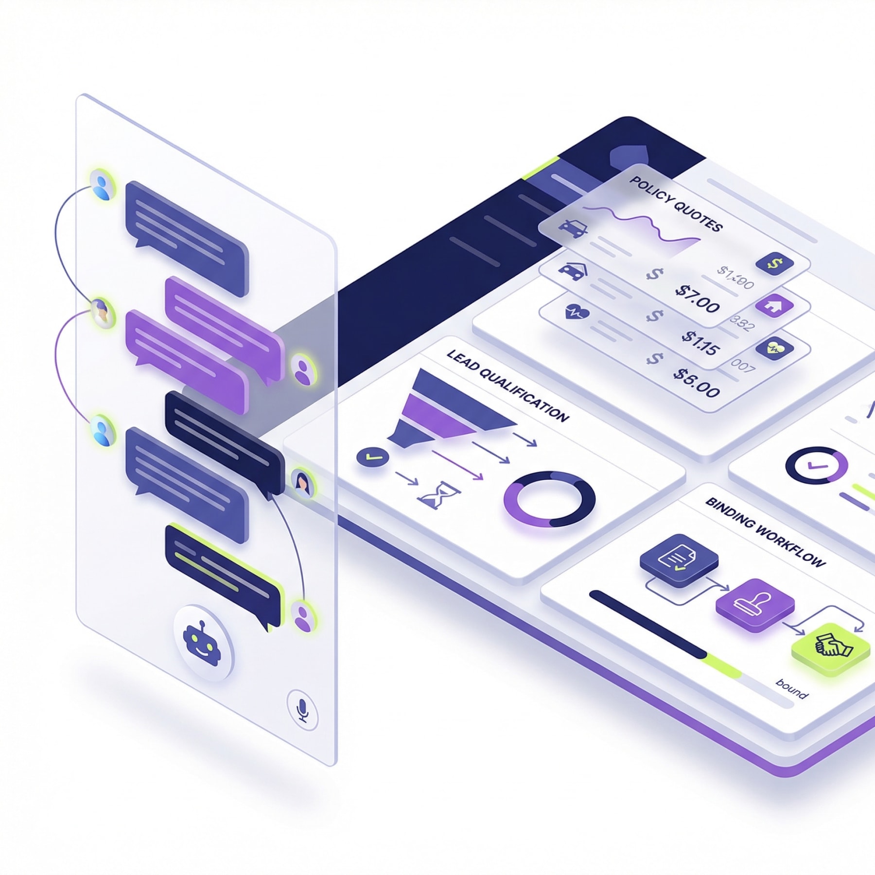 Indemn insurance AI platform showing conversational interface, policy quotes, lead qualification, and binding workflows