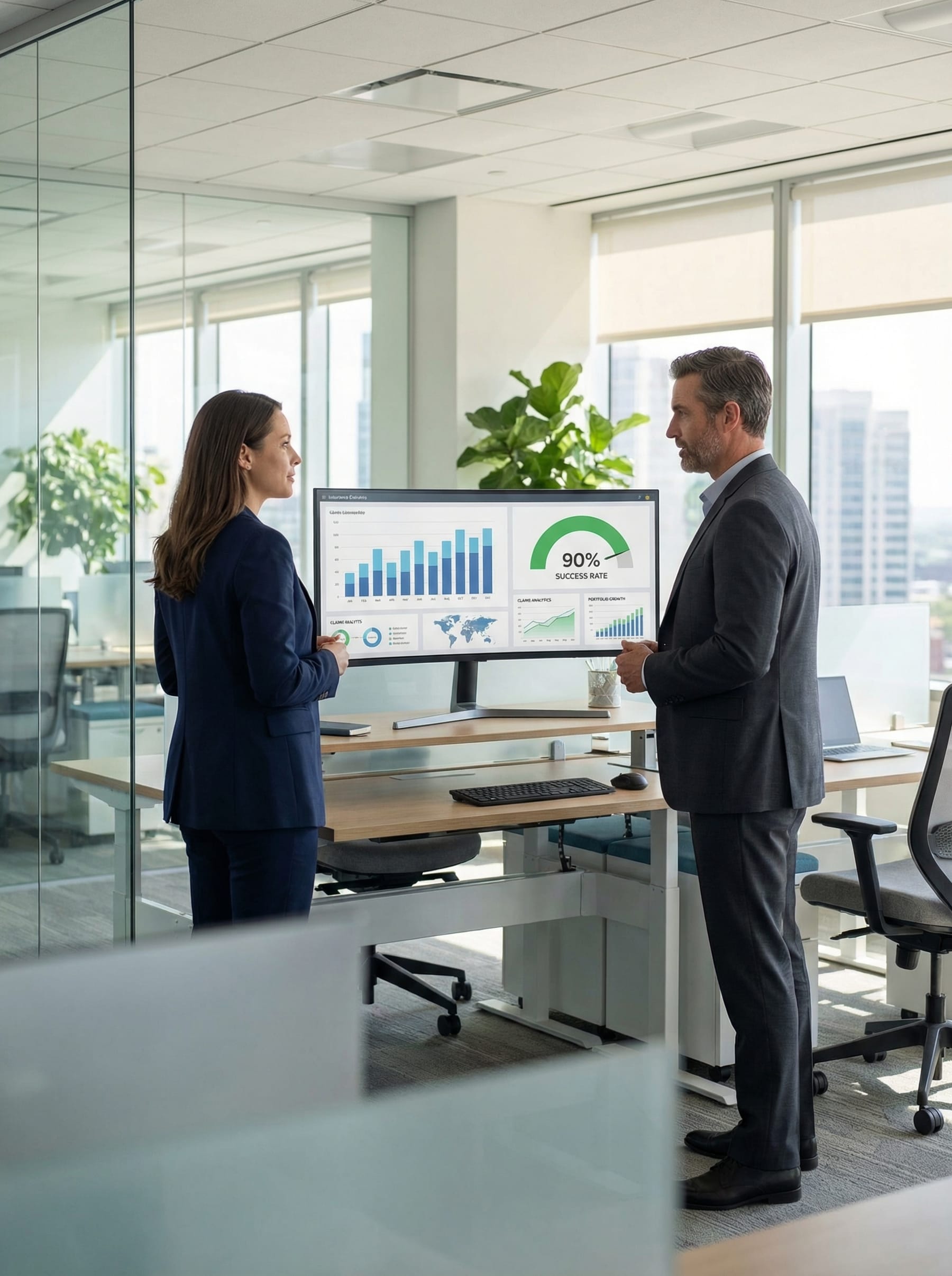 Insurance professionals reviewing 90% quote-to-bind success rate on analytics dashboard