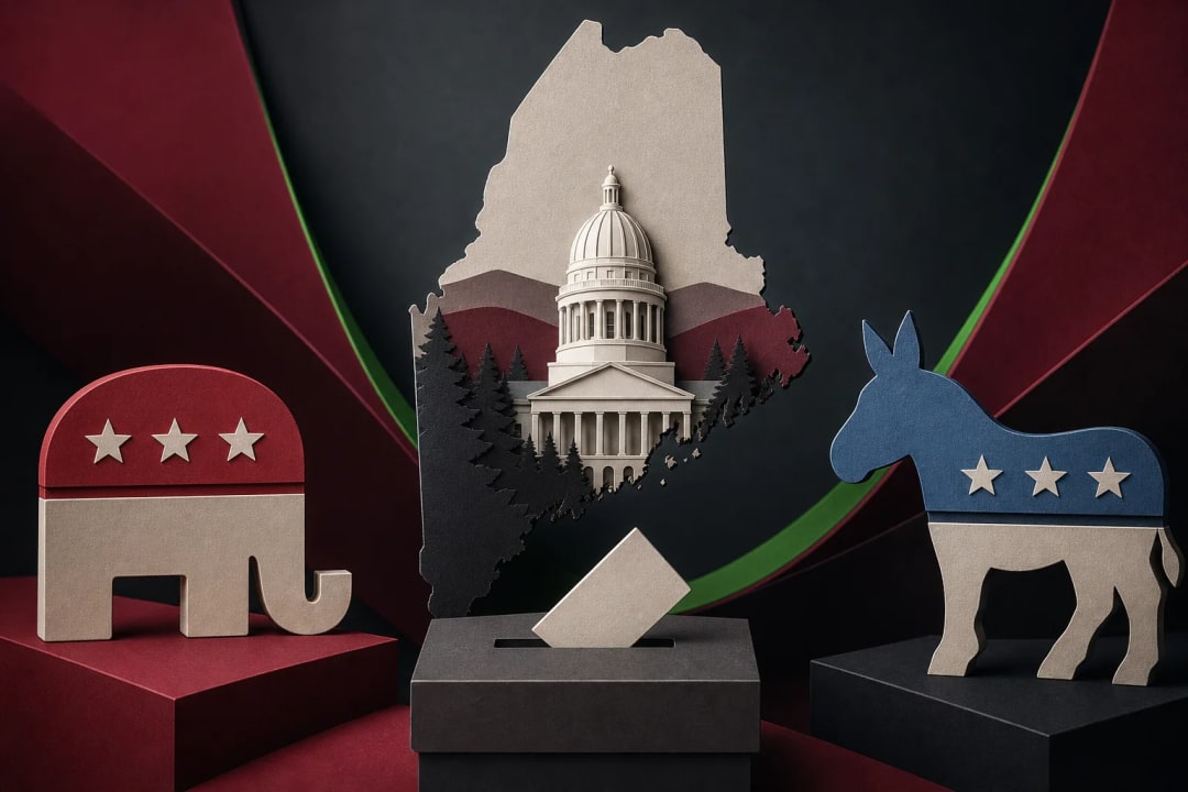AI-generated editorial illustration for the forecast: Will the Republicans win the Maine Senate race in 2026?