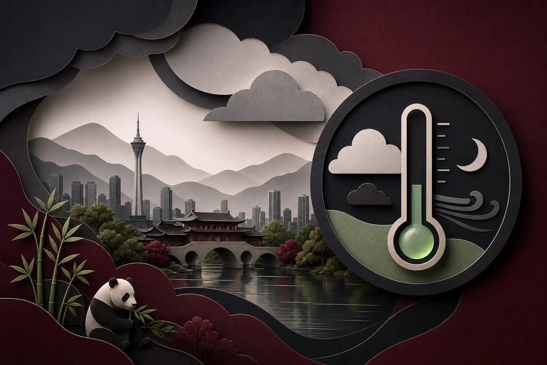 AI-generated editorial illustration for the forecast: Will the lowest temperature in Chengdu be 14°C or below on September 15?