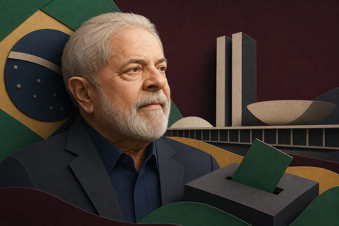 AI-generated editorial illustration for the forecast: Will Luiz Inácio Lula da Silva finish in second place in the first round of the 2026 Brazilian presidential election?