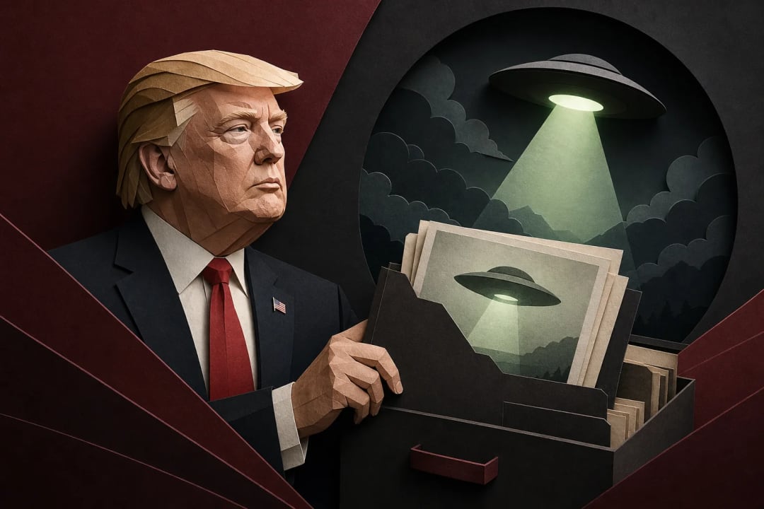 AI-generated editorial illustration for the forecast: Trump declassifies new UFO files by September 30?