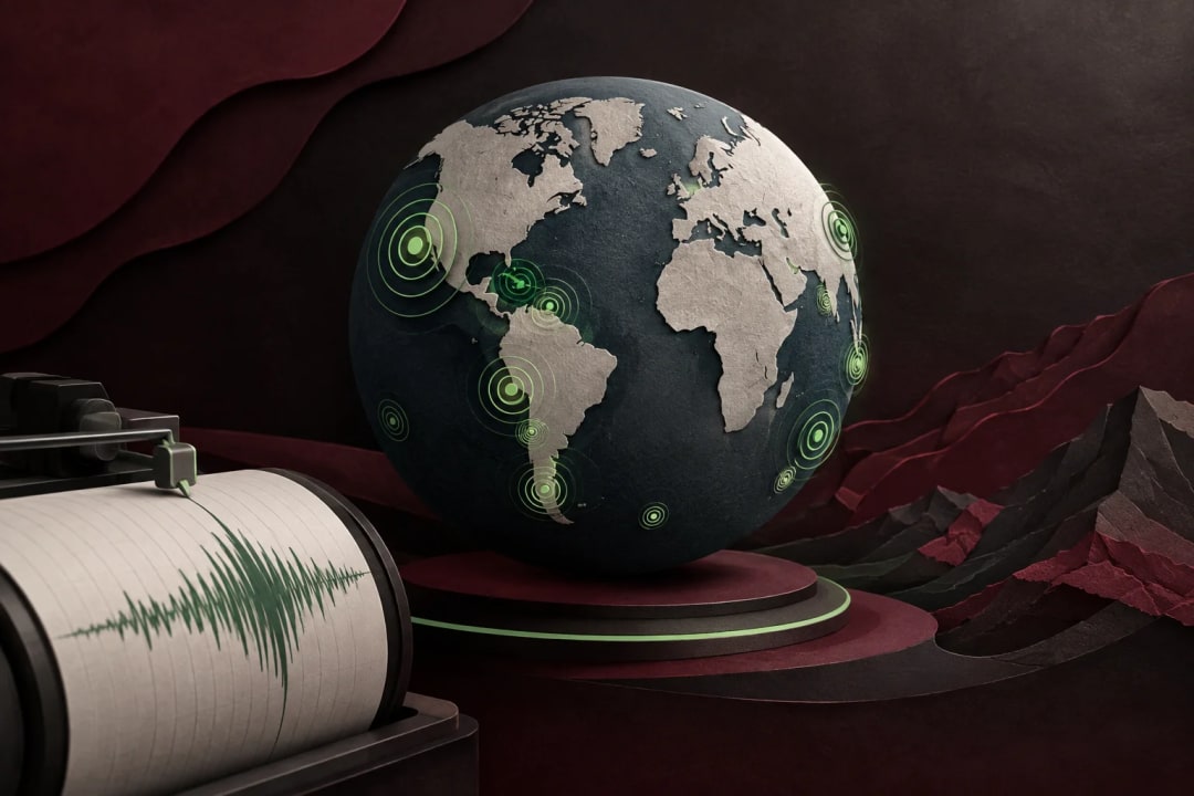 AI-generated editorial illustration for the forecast: Will there be ≤6 earthquakes of 5.5 or above magnitude worldwide?
