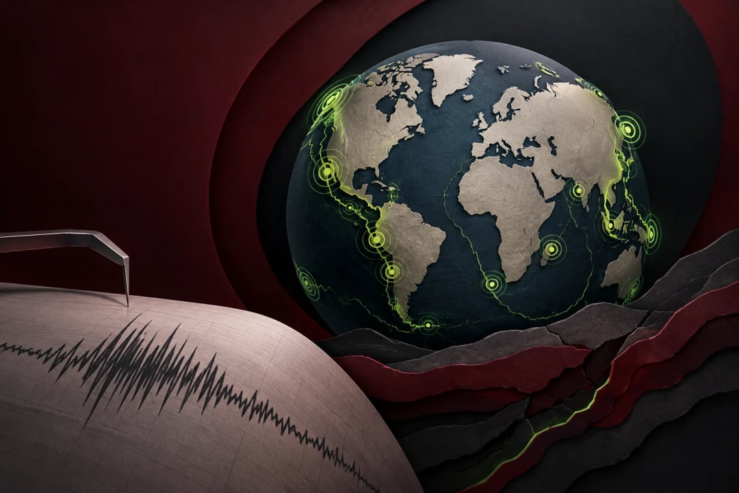 AI-generated editorial illustration for the forecast: Will there be more than 13 earthquakes of 5.5 or above magnitude worldwide?