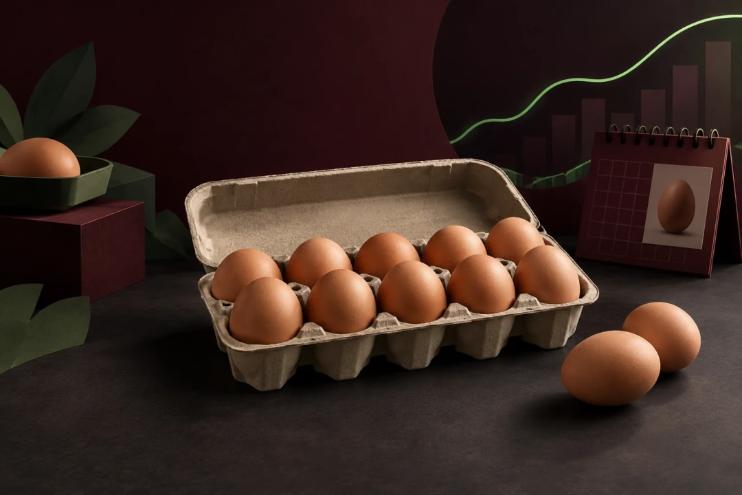 AI-generated editorial illustration for the forecast: Will a dozen eggs cost between $2.20 and $2.30 in October?