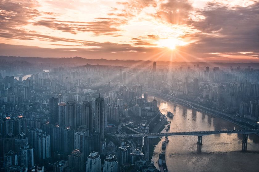 A city skyline at dusk