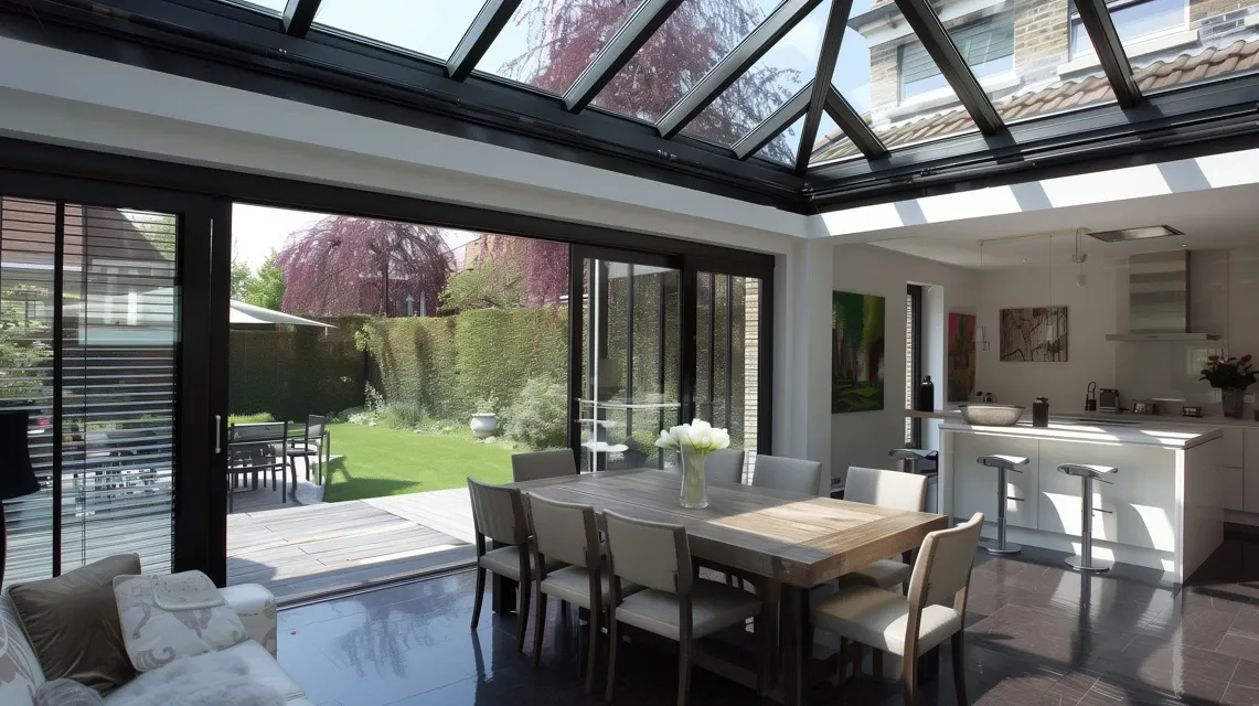 Ogroz zimowy typu Home Extension jako jadalnia z kuchnią