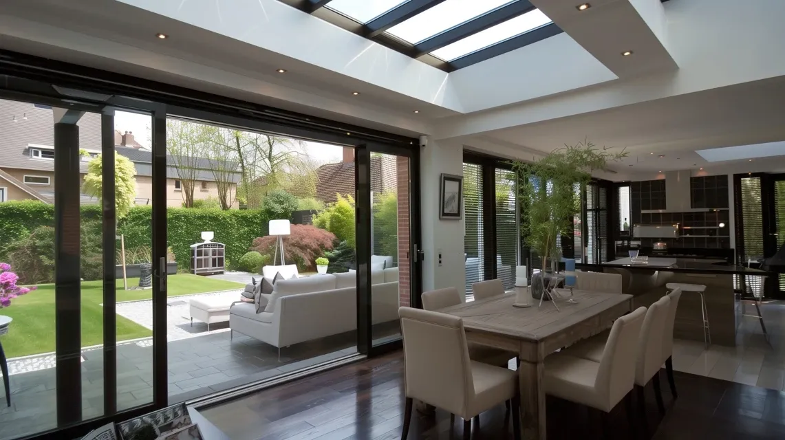 Kuchnia z jadalnią w ogrodzie zimowym Home Extension