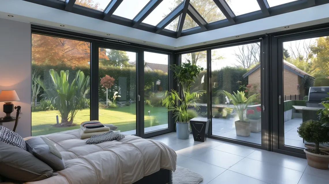 Piękna sypialnia w ogrodzie zimowym Home Extension