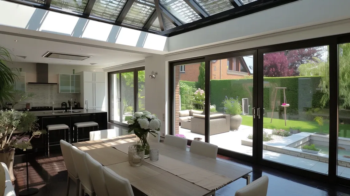 Jadalnia z kuchnią w ogrodzi zimowym Home Extension