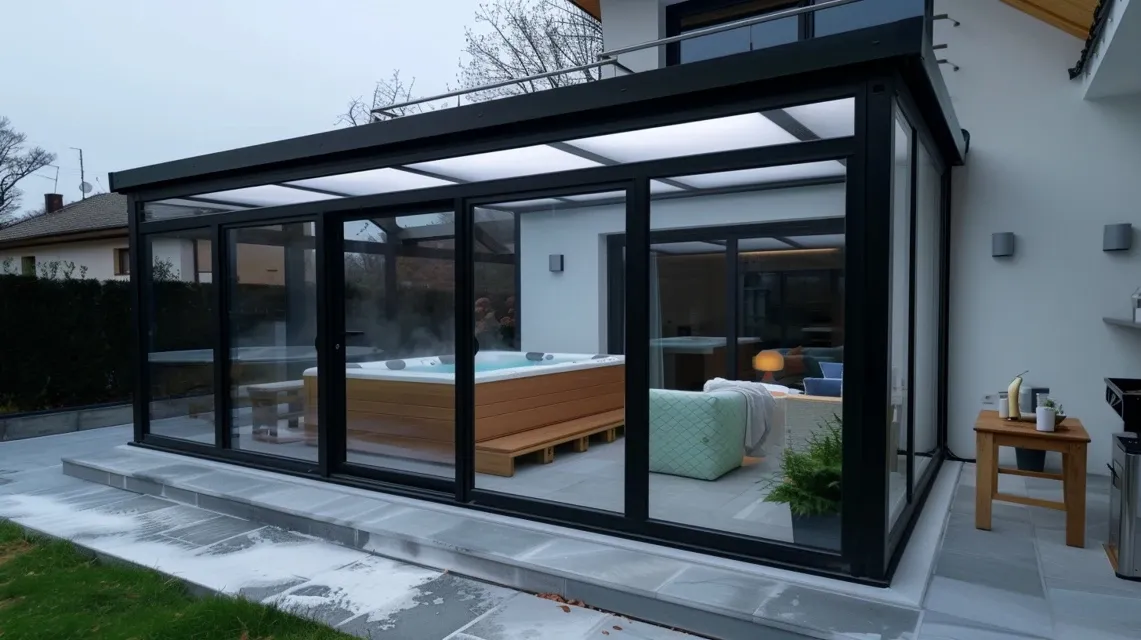 Ogród zimowy z umieszczonym w środku jacuzzi