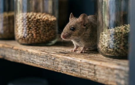 Une souris parmi des bocaux, sur une tablette de garde-manger
