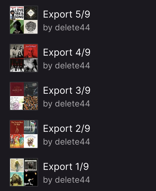 A collection of playlists in deezer, named "Export 1/9", "Export 2/9" and so on