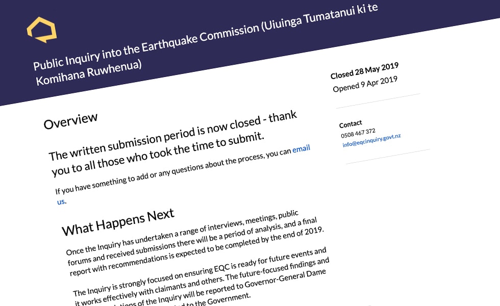 'screenshot of 'Earthquake Commission Inquiry, NZ