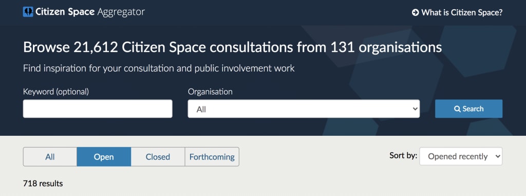 Screenshot of Citizen Space Aggregator landing page
