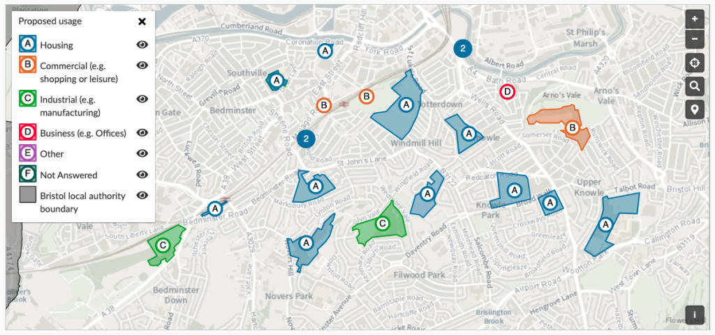 Image showing how published responses are delineated with letters as well as colours in Citizen Space Geospatial