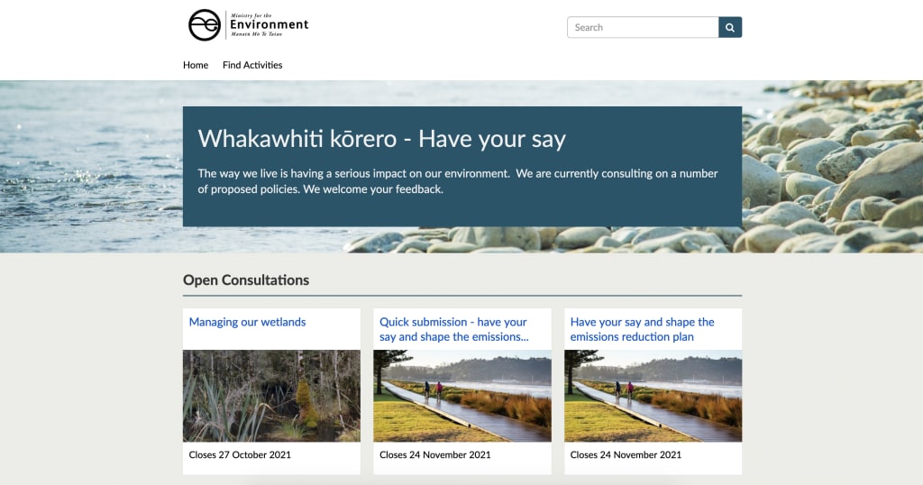 New Zealand Ministry for the Environment's Citizen Space hub, displaying the Emissions Reduction Plan consultation as a featured consultation