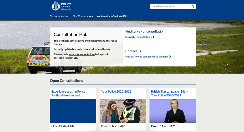 Screenshot of homepage of Police Scotland's Citizen Space site, showing a link to Your Police 2020-2021 as well as a link to a British Sign language version of Your Police 2020-2021.