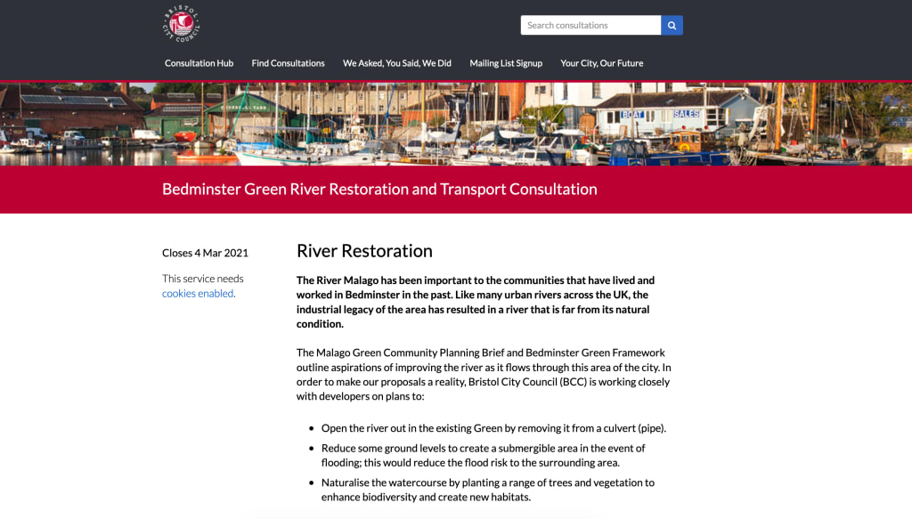 Overview page of Bristol City Council's 'Bedminster Green River Restoration and Transport Consultation'