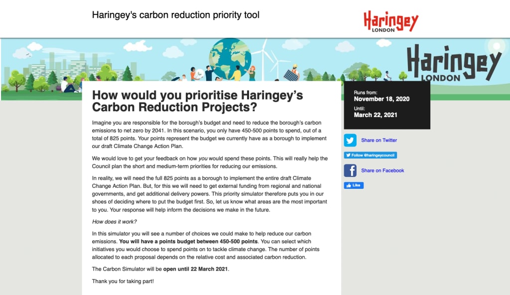 Landing page of Haringey's Carbon Reduction Priority Simulator