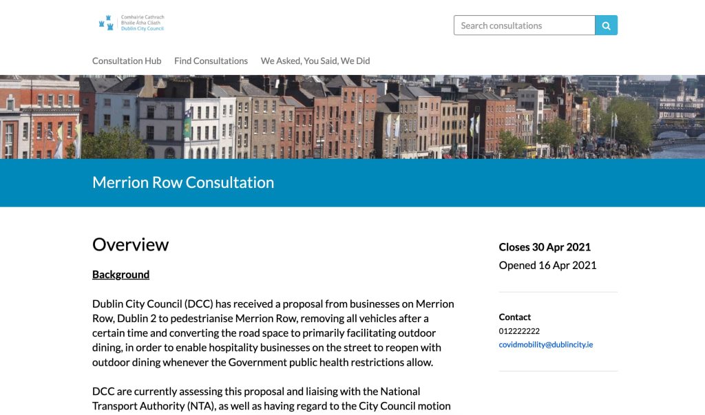 Screenshot of Dublin City Council's Merrion Row consultation overview