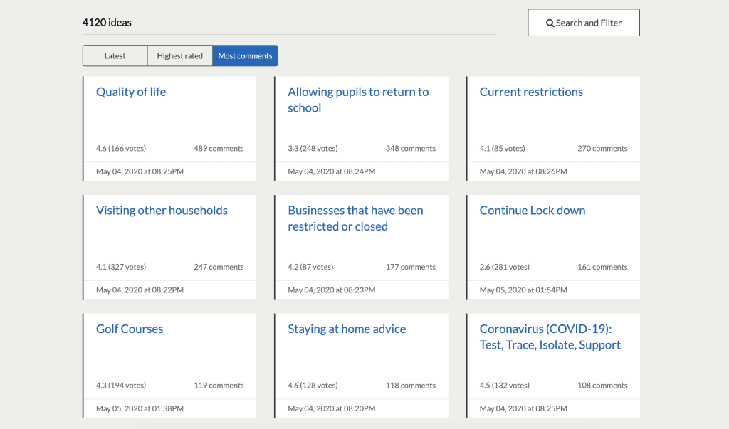 A screenshot of some of the ideas submitted to the Scottish Government's Dialogue challenge