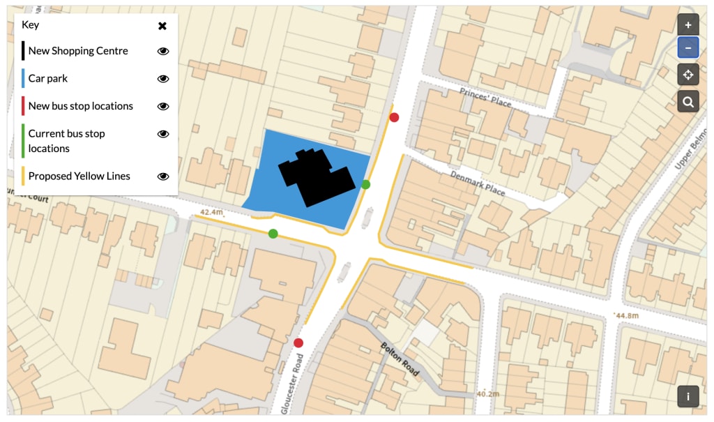 Screenshot of an example map in Citizen Space that an admin has drawn shapes onto including lines for proposed yellow traffic lines and circles for the current and new bus stop locations around a potential new shopping centre and car park.
