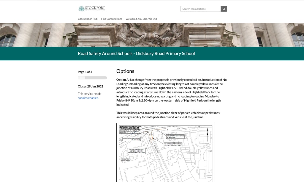 Screenshot of Stockport Borough Council's Road Safety Around Schools - Disbury Road Primary School consultation