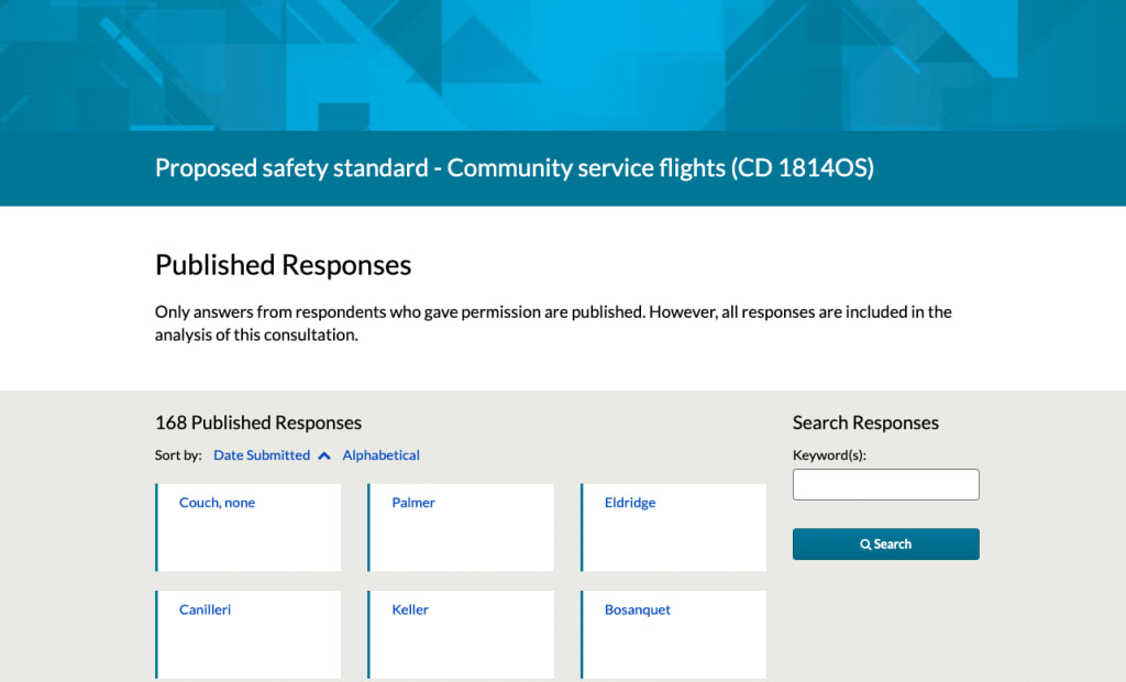 Image showing published responses to the Civil Aviation Safety Authority's Proposed Safety Standard - Community Service Flights consultation within Citizen Space's consultation report platform