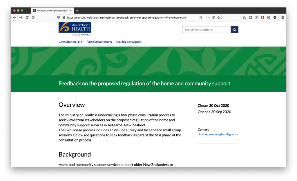 Screenshot of the overview page of New Zealand Department of Health's consultation, title 'Feedback on the proposed regulation of the home and community support'