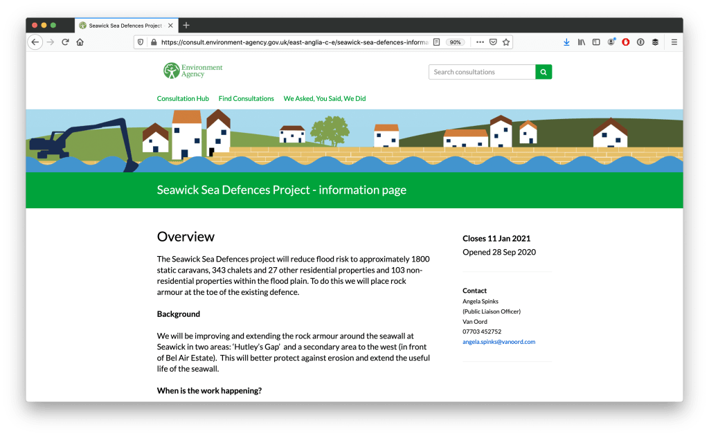 Screenshot of Environment Agency's Seawick Sea Defences Project information page