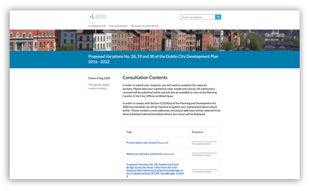 Screenshot of 'Proposed Variations No. 28, 29 and 30 of the Dublin City Development Plan 2016 - 2022' consultation
