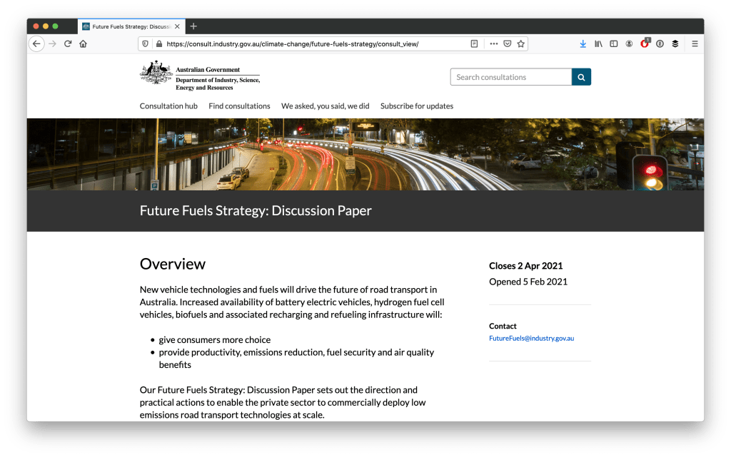 Australian Government's Future Fuels Strategy: Discussion Paper consultation overview page