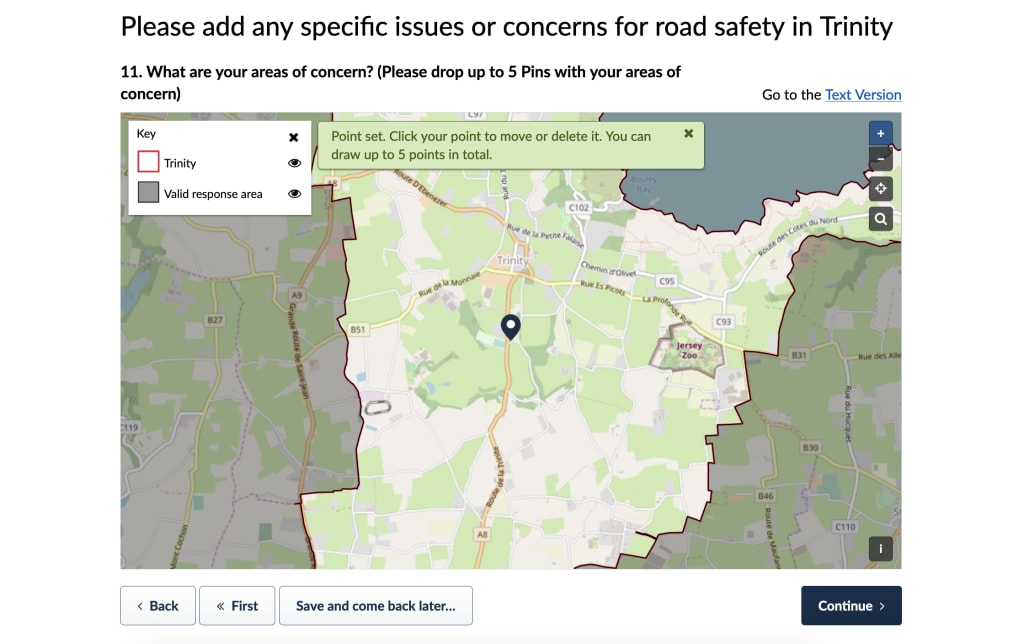 Interactive mapping question in Government of Jersey's engagement on active travel in the Trinity area. Respondents are asked to drop up to 5 mins on areas of specific concern within the Trinity boundary