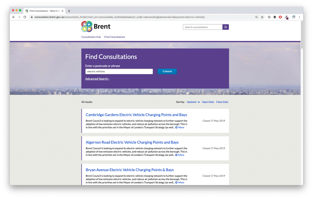 Screenshot of London Borough of Brent's Citizen Space site, showing different electric vehicle charge point consultations