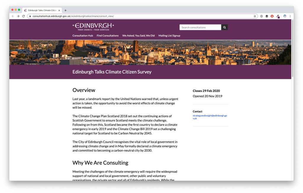 Screenshot of City of Edinburgh Council's public consultation on mitigating climate change
