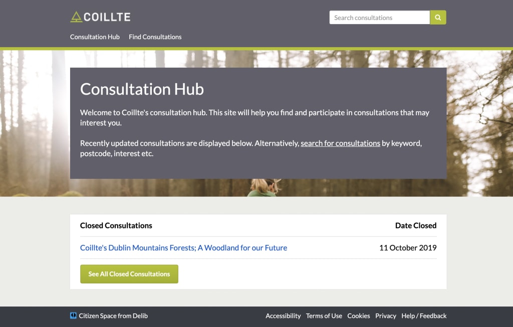 Image of Coillte's Citizen Space homepage, as an example of the old site configuration