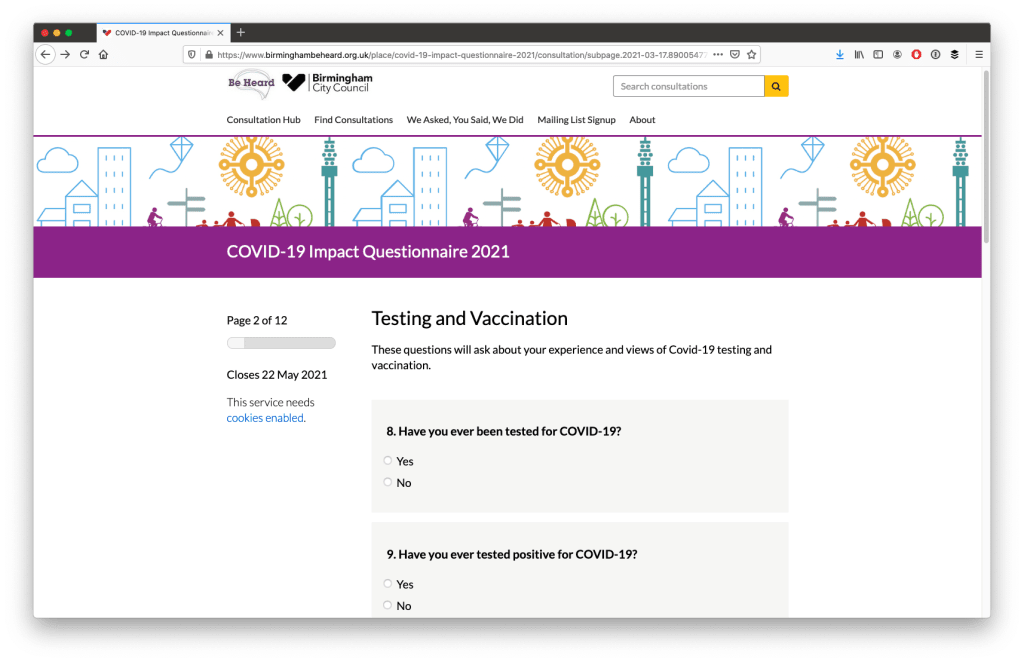 Screenshot of Birmingham's COVID-19 Impact Questionnaire 2021