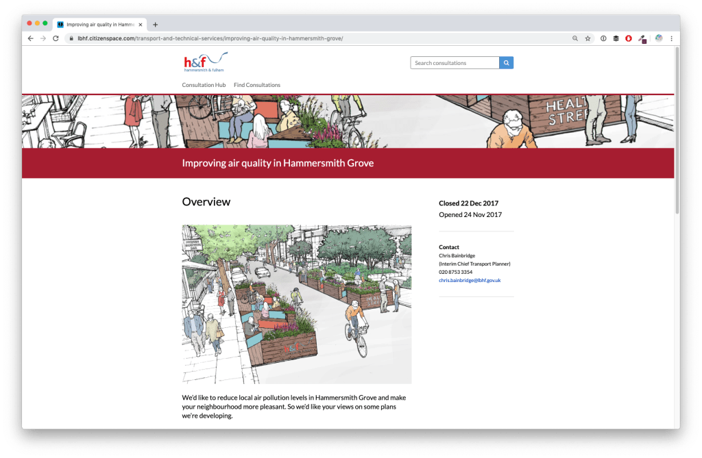 Screenshot of London borough Hammersmith & Fulham's consultation on improving air quality
