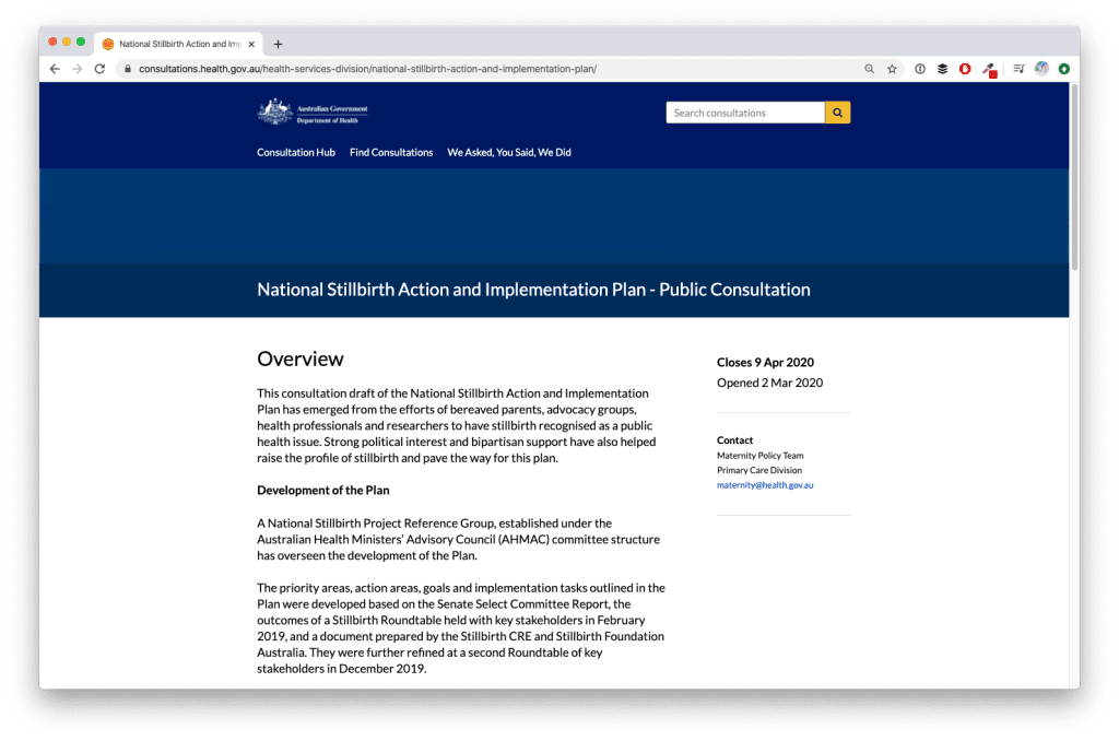 Screenshot of Australian Department of Health's consultation named 'National Stillbirth Action and Implementation Plan'