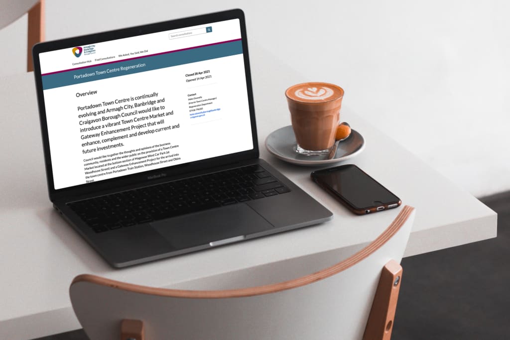 ACBC's 'Portadown Town Centre Regeneration' consultation displayed on a Macbook