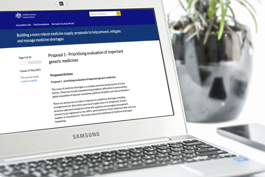 Australia Department of Health's 'Building a more robust medicine supply' consultation displayed on a laptop