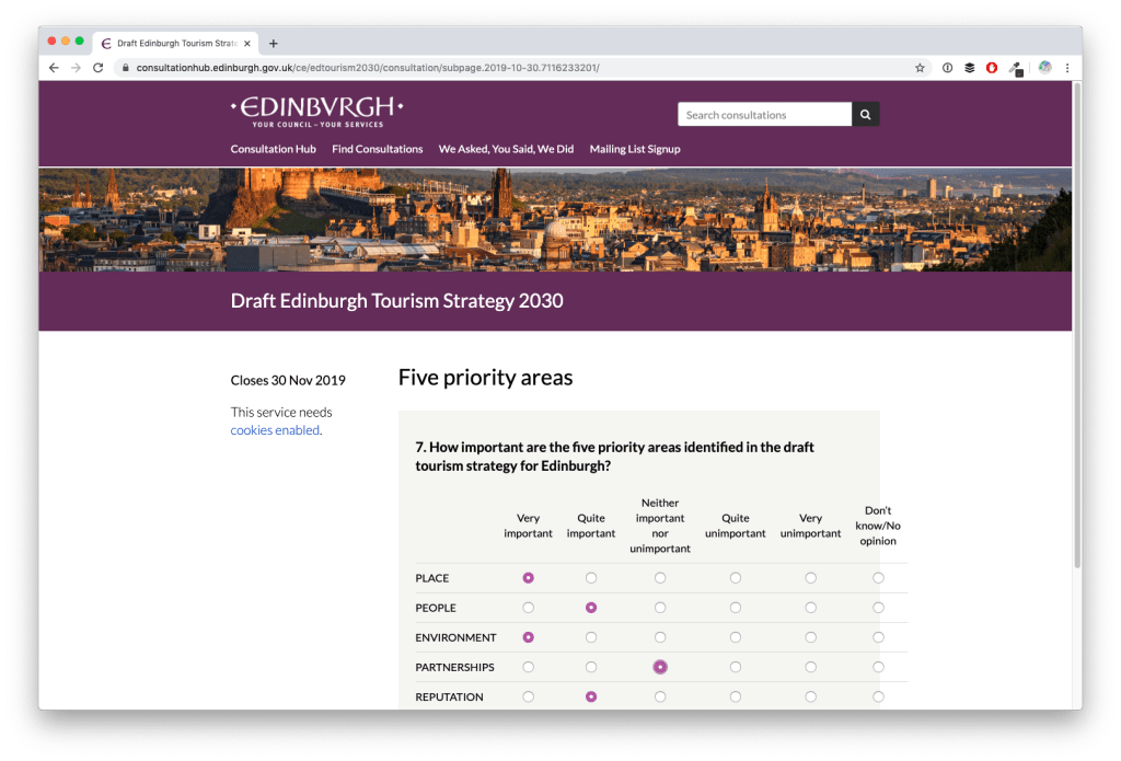Screenshot of Edinburgh's Tourism Strategy consultation, which will be incorporated in the policy cycle