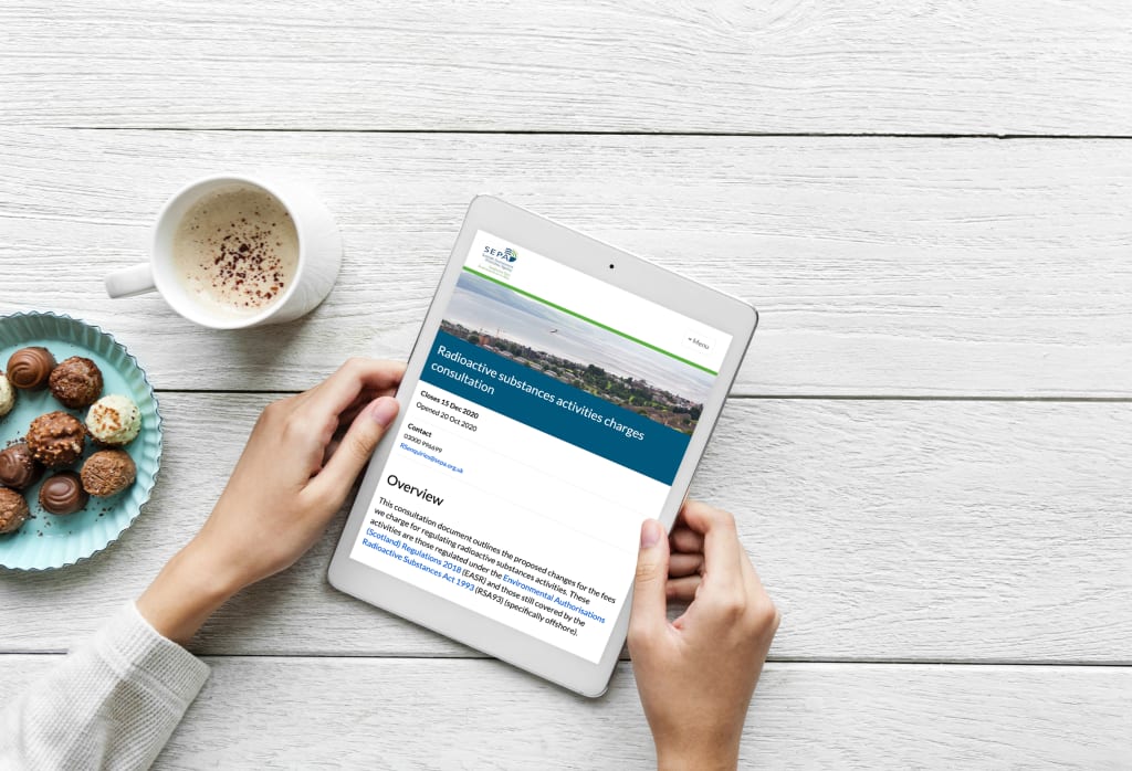Image showing SEPA's Radioactive substances activities charges consultation displayed on an iPad