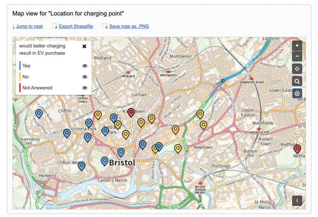 Screenshot of map in Citizen Space that shows the geospatial response data for the locations selected for a charging point with coloured pins that match the quantitative answer options of another question in the survey, in this case if there were better charging points available would the respondent purchase an electric vehicle (EV). The blue pins located on the map indicate the respondent would purchase an EV; the yellow pins are for no, would not purchase; and red pins for respondents who did not answer the EV purchasing question.