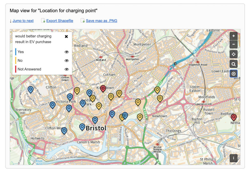 Screenshot of map in Citizen Space that shows the geospatial response data for the locations selected for a charging point with coloured pins that match the quantitative answer options of another question in the survey, in this case if there were better charging points available would the respondent purchase an electric vehicle (EV). The blue pins located on the map indicate the respondent would purchase an EV; the yellow pins are for no, would not purchase; and red pins for respondents who did not answer the EV purchasing question.
